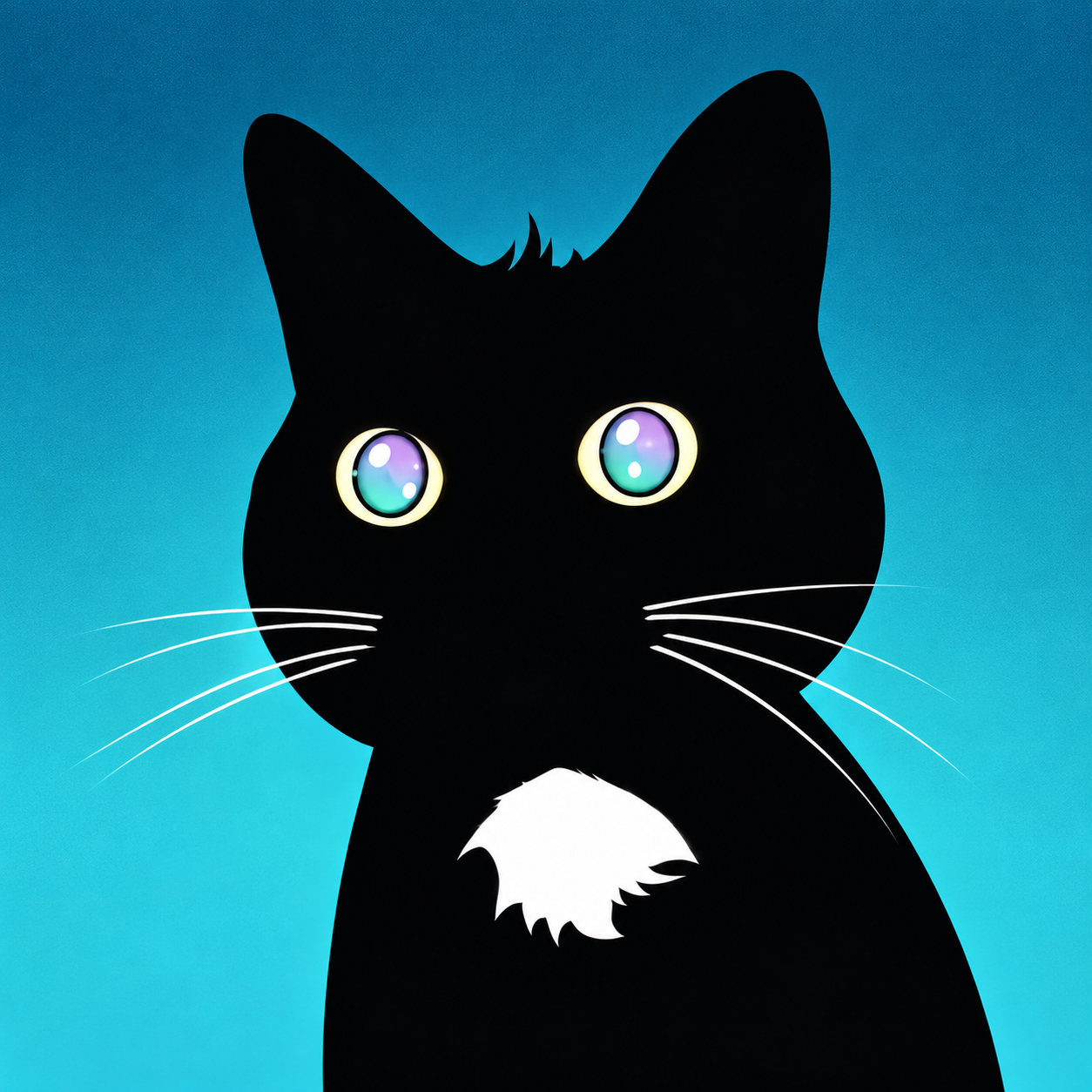 Vonspeed, a black cat with luminous turquoise and violet eyes